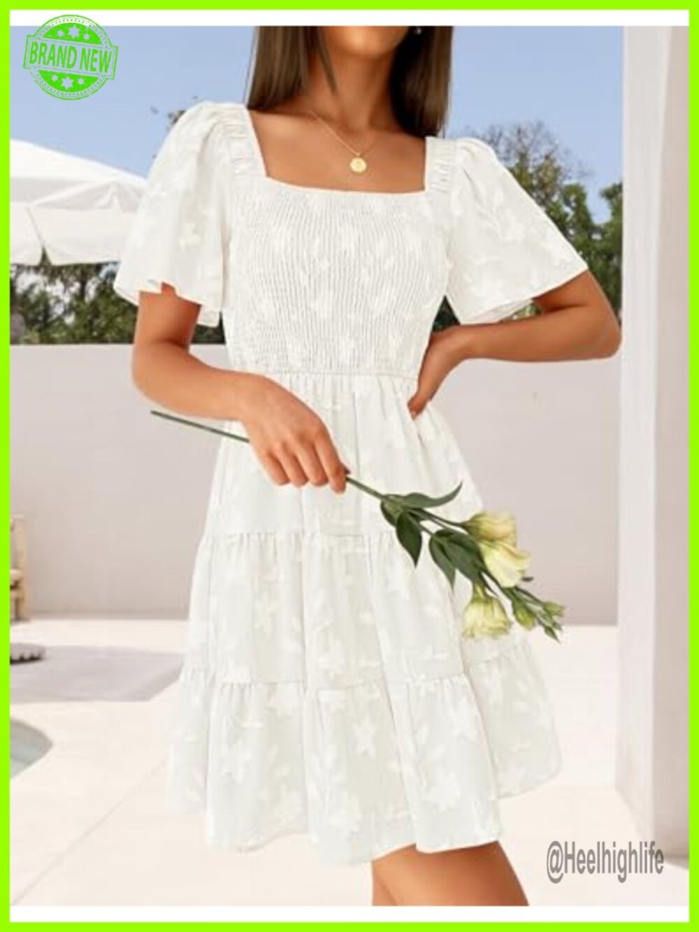 Boho Floral Mini Dress Square Neck Smocked A-Line Swing Sundress - Picture 4 of 7